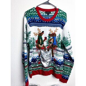 Blizzard Bay Moose Drinking Beer Christmas Sweater with Pocket Large